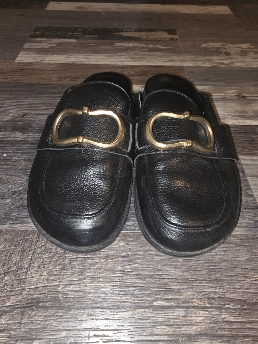 Black Leather Slip-On Mule with Gold Buckle